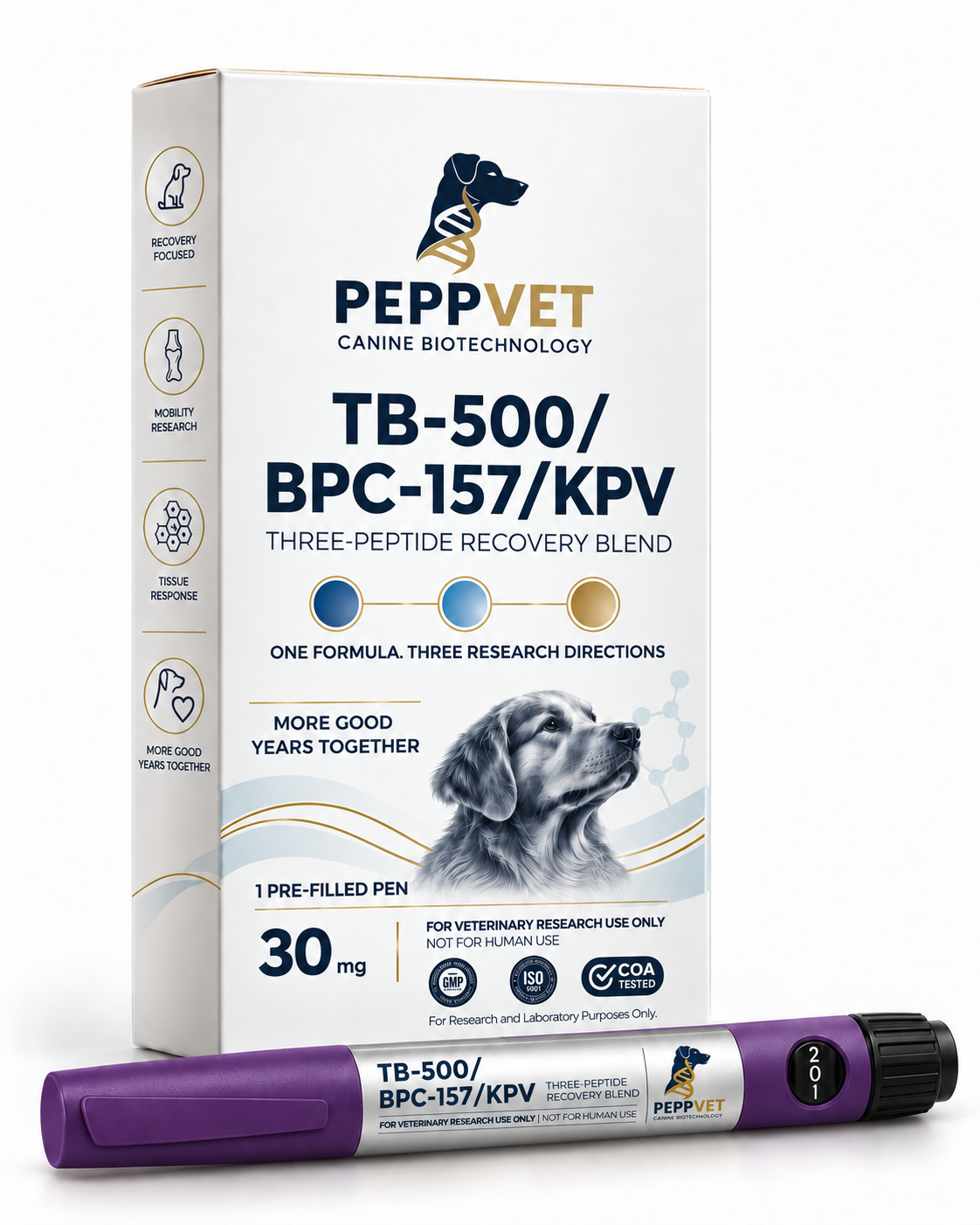 PeppVet Recovery Pen pre-filled pen and box, Three-Peptide Recovery Blend